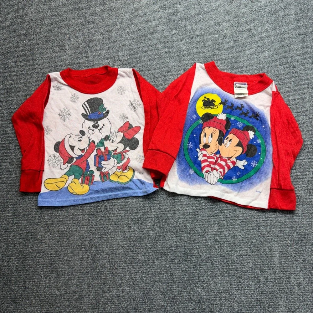 Vintage Disney Mickey Mouse Christmas Pajama Tops Set of 2 Red White Toddler 2T